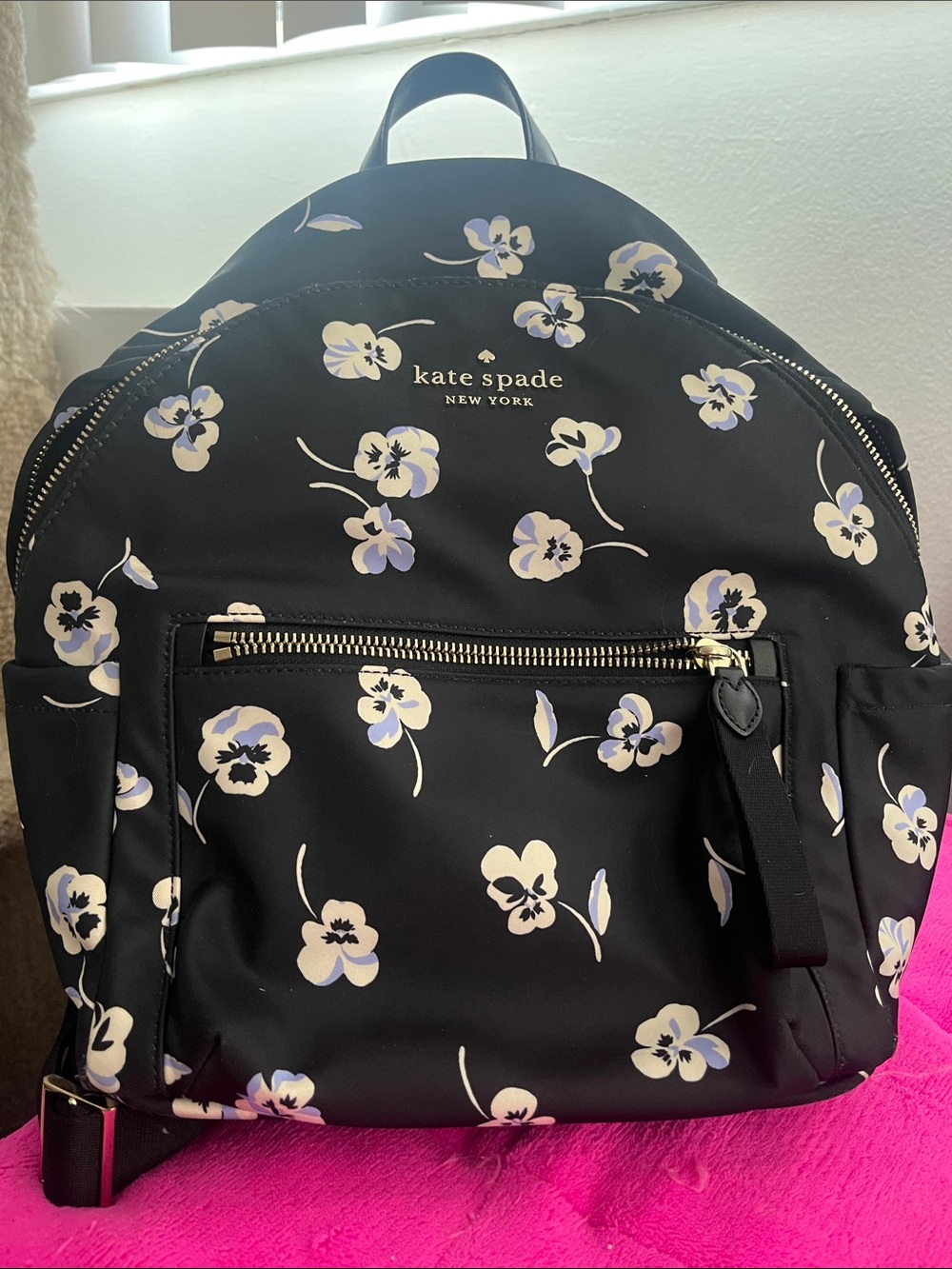 kate spade Black Floral Nylon Mini Backpack with Gold Hardware